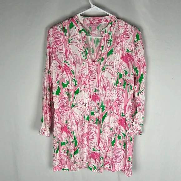Lilly Pullitzer Pink Flamingo Sarasota Pintuck Tunic Shirt -Size Small - Picture 2 of 11